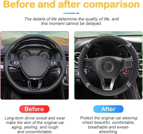 Miniatura 5 de Osilly Funda brillante para volante de automóvil, 15 pulgadas, con diamantes de imitación brillantes, piel suave, protector elástico, para mujeres