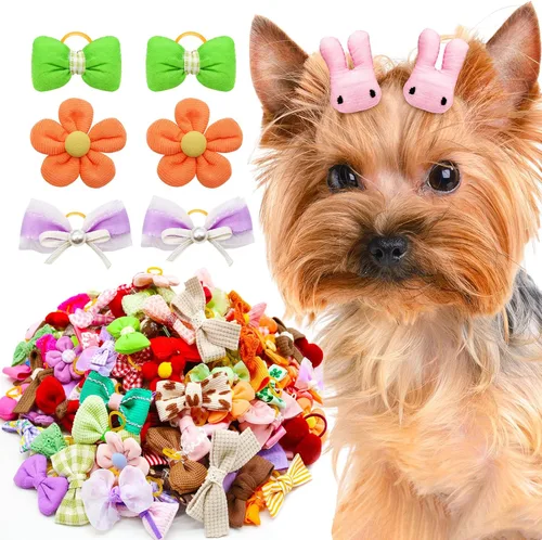 Miniatura 9 de 20 piezas de lazos pequeños de color rosa claro para el pelo de perros con bandas de goma, moño de bola de flores con nudo superior para accesorios