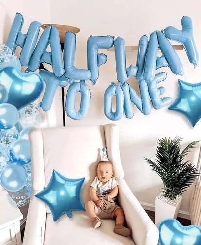 Miniatura 2 de JeVenis Globos de Mitad Camino a Uno para Cumpleaños de 1/2 Año, Decoraciones de Cumpleaños de Mitad Camino a Uno (azul)