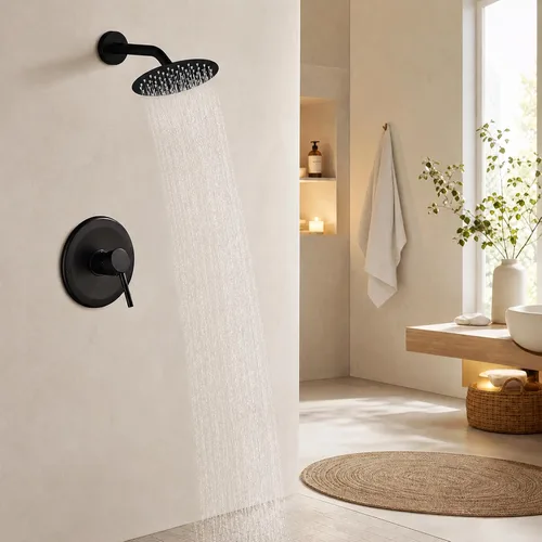 Miniatura 9 de Juego de llave de ducha HUCKLE con cabezal de ducha, llave de ducha negra de 15 cm con válvula, cabezal de ducha de lluvia de mango único negro mate