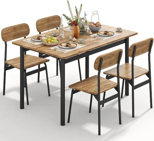 furlinkhm Juego de mesa de comedor de cocina para 4, moderno juego de mesa y sillas de comedor rectangulares de 5 piezas, juego de mesa de metal de