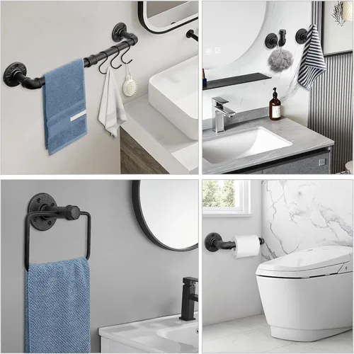 Miniatura 4 de Kit de accesorios de baño de tubería industrial de 5 piezas, montaje en pared, incluye toallero, ganchos para bata, soporte para papel higiénico