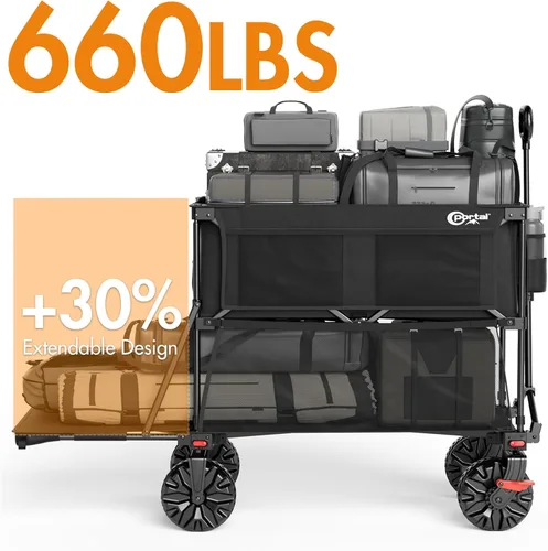 Miniatura 4 de Portal - Carro plegable grande de doble cubierta con frenos, carro de utilidad plegable resistente de 660 lb, ruedas grandes todo terreno de 400 L
