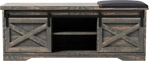 Miniatura 6 de Holaki Banco de zapatos de 47 pulgadas con almacenamiento, banco de zapatos de granja con puerta corrediza de granero, banco de entrada con espacio