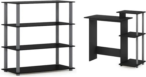 Furinno (99557BK/GY Turn-N-Tube - Estante multiusos de 4 niveles, color negro/gris y escritorio eficiente para computadora portátil con estantes
