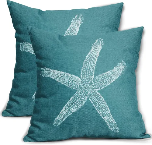 Miniatura 14 de Sweetshow Juego de 2 fundas de almohada cuadradas de lino con estrellas de mar negras de 16 x 16 pulgadas, decoración náutica costera de playa