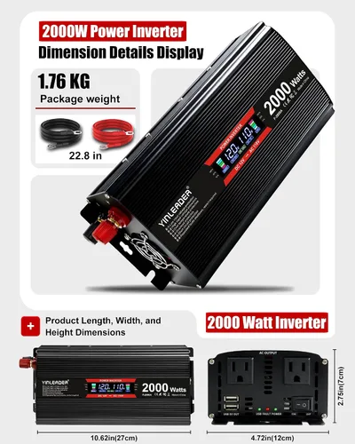 Miniatura 5 de Inversor de 2000 vatios de 12 V a 110 V/120 V, inversor de CC a CA de 2000 W con pantalla LCD inteligente, salidas de CA duales, puerto de carga USB