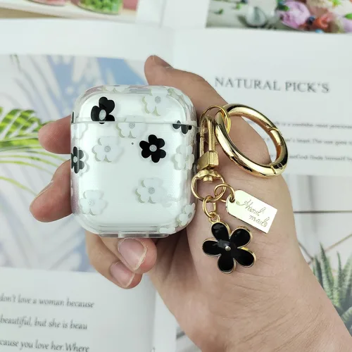 Miniatura 6 de Funda compatible con AirPods, funda de TPU suave con bonito patrón de flores para AirPods de 2 y 1 generación con llavero colgante y mosquetón