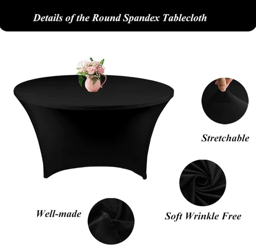 Miniatura 3 de Mantel elástico redondo negro de 48 pulgadas, paquete de 4 manteles ajustables para mesas de 48 pulgadas (4 pies), mantel redondo de elastano de 48