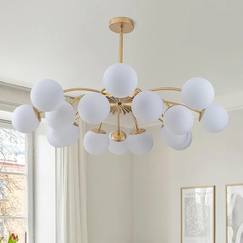 Miniatura 14 de Lámpara de araña Sputnik de 12 luces, color negro con burbujas de vidrio de leche Luces de techo semi empotradas, acento de flor, Art Deco