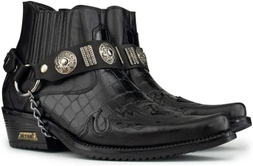 Miniatura 2 de Botines vaqueros de cuero con diseño de cocodrilo para hombre con tacones cubanos y cadena de metal