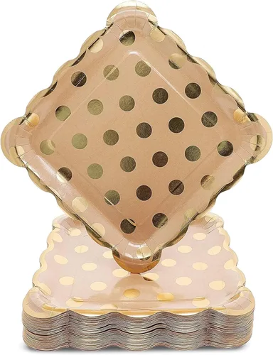 Juvale Platos de papel cuadrados festoneados elegantes platos de almuerzo – 9 pulgadas, lunares de lámina dorada, paquete de 48 – Fiesta desechable
