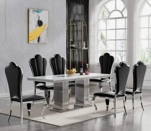 Miniatura 23 de Juego de mesa de comedor de mármol negro de lujo para 4, mesa de cocina dorada de 70 pulgadas y 4 sillas de cuero negro, juego de 5 mesas de comedor
