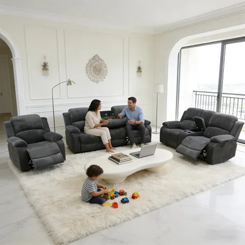 Miniatura 9 de Juego de sofá reclinable manual, juego de sofá reclinable de pana, juego moderno de muebles para sala de estar, sofá reclinable con silla para sala