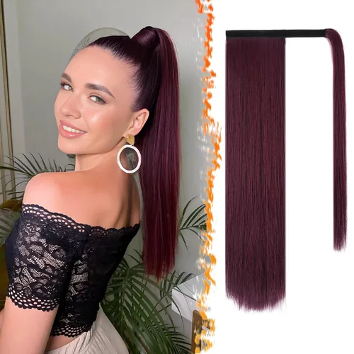 Miniatura 67 de BARSDAR Extensión de cola de caballo de 28 pulgadas largo recto envoltura alrededor del clip en pelo de fibra sintética para mujeres, negro