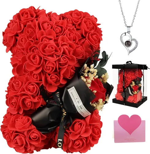 Regalos de oso de rosas para mujer, rosa artificial de oso de rosas con collar I Love You, ramo de flores romántico, regalo para esposa, mamá,