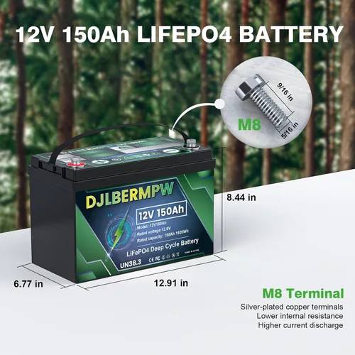 Miniatura 7 de Batería de litio LiFePO4 de 12 V/150 Ah con BMS integrado de 1920 W, hasta 15000 ciclos y vida útil de 10 años, batería de ciclo profundo para RV