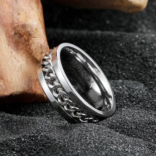 Miniatura 67 de King Will - Anillo antiestrés de acero inoxidable 316L para hombres y mujeres, con cadena decorativa giratoria, 8 mm de ancho, anillo de boda