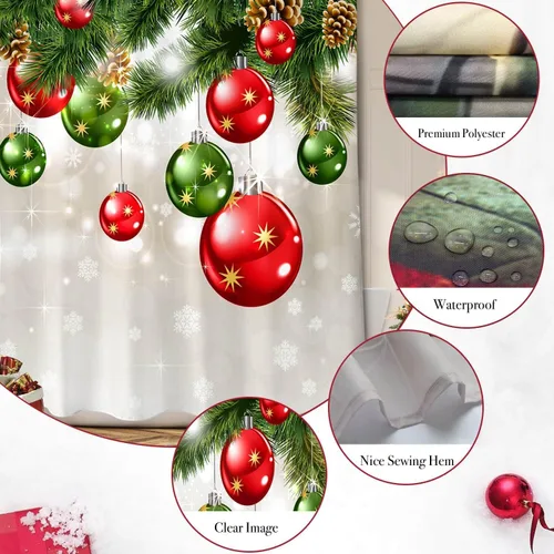 Miniatura 4 de BROSHAN Cortina de ducha de baño de Navidad, juego de cortinas de ducha de Navidad de tela con patrón de adornos verdes y rojos, decoración de baño
