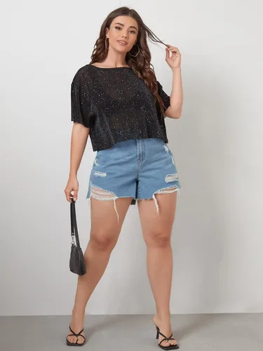 Miniatura 5 de Romwe Camiseta de manga corta transparente con purpurina para mujer talla grande de malla transparente