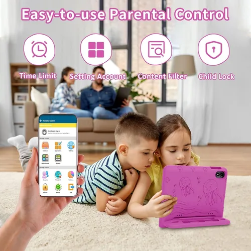 Miniatura 6 de WXUNJA Tablet Android 15 Kids 2025, tabletas actualizadas de 10.1 pulgadas con procesador Octa-Core, batería de 6000 mAh, espacio para niños, Rojo