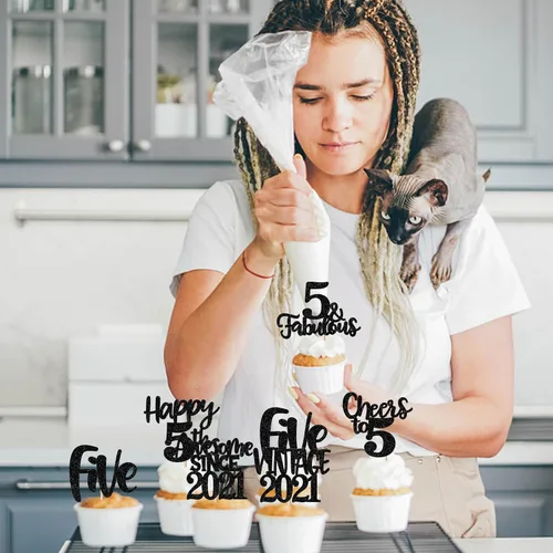Miniatura 7 de Rsstarxi Paquete de 24 adornos para cupcakes vintage 2019 con purpurina negra para 5º cumpleaños, saludos a 5, cinco, 5, 5 fabulosos para cupcakes