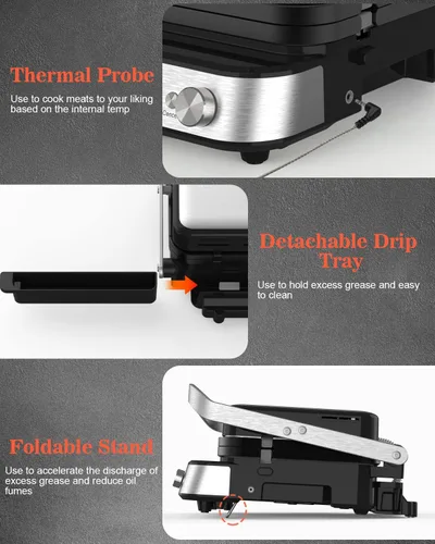 Miniatura 7 de Panini Press Grill Sandwichera con placas extraíbles, 1600 W, parrilla interior 6 en 1 con termómetro de carne, parrillas de contacto eléctricas