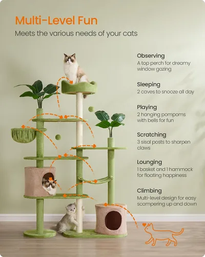 Miniatura 4 de Feandrea Árbol para gatos, torre para gatos de 68.1 pulgadas de alto, condominio de felpa de varios niveles con hojas artificiales, 3 postes