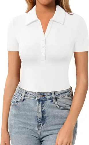 Miniatura 9 de HERLOLLYCHIPS Womens Short Sleeve Tops V Neck Button Down Collared Fitted Shirts