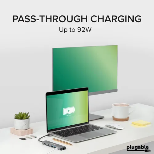 Miniatura 4 de Plugable Adaptador multipuerto USB C 7 en 1 sin controlador con Ethernet, HDMI 4K60Hz, carga de paso de 100 W, 2 USB 3.0, SD/microSD, para USB-C
