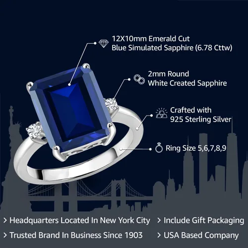 Miniatura 2 de Anillo de compromiso de 3 piedras de plata de ley 925 de 0.472 x 0.394 in, zafiro sintético azul y zafiro blanco de 0.079 pulgadas para mujer, 6.78