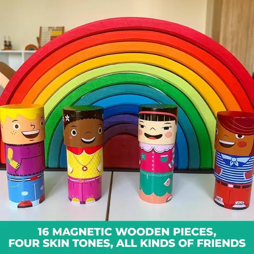 Miniatura 7 de Juego de amigos magnéticos multirraciales de 16 piezas, bloques de construcción de diversidad de madera para niños, muñecas multiculturales