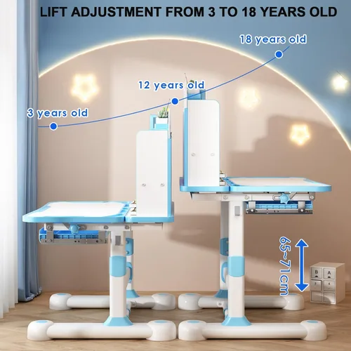 Miniatura 7 de Juego de silla de escritorio funcional para niños, juego de sillas de mesa escolar para niños con diseño de partición, altura ajustable, soporte Azul