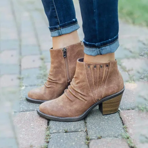 Miniatura 2 de Botas de tobillo para mujer con talón, botines de cuña para mujer, estilo retro, con corte en V, cómodas botas cortas de cuero con cierre