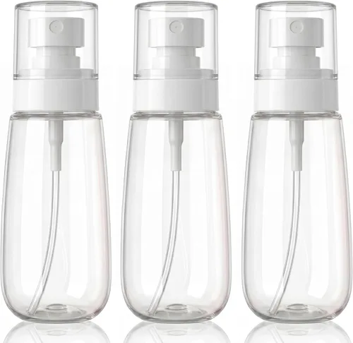 Paquete de 3 botellas pequeñas de spray, botellas de viaje de plástico transparente recargables de 3.4 onzas, recipientes de aerosol de niebla fina