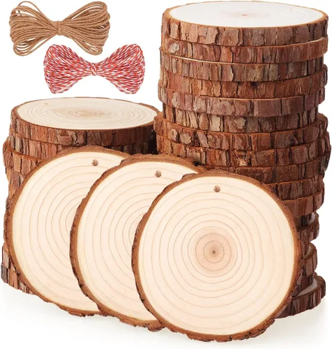 Fuyit Rebanadas de madera natural, 30 piezas de círculos de madera preperforados sin terminar de 3.5 a 4 pulgadas, rebanada de árbol con agujero y