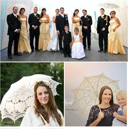 Miniatura 3 de Sombrilla de encaje para boda de algodón blanco con mango de madera para decoración