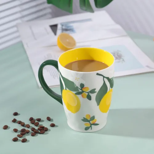 Miniatura 2 de NymphFable Taza de café grande de cerámica pintada a mano con asa 20oz Taza de té de limones Regalos para mujeres Limones múltiples