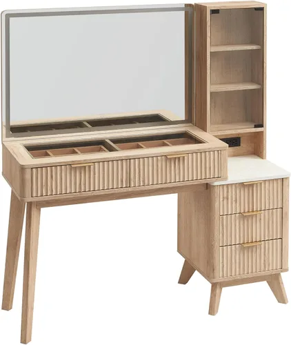 Miniatura 7 de RedLemon Escritorio de tocador acanalado de 48 pulgadas con espejo HD grande de 36 pulgadas y luces, mesa de maquillaje moderna de vidrio de madera