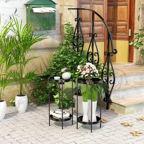 Miniatura 4 de OVICAR Soporte para plantas para interiores y exteriores, organizador de macetas de metal, 2 niveles de alto, estante de almacenamiento para el Negro