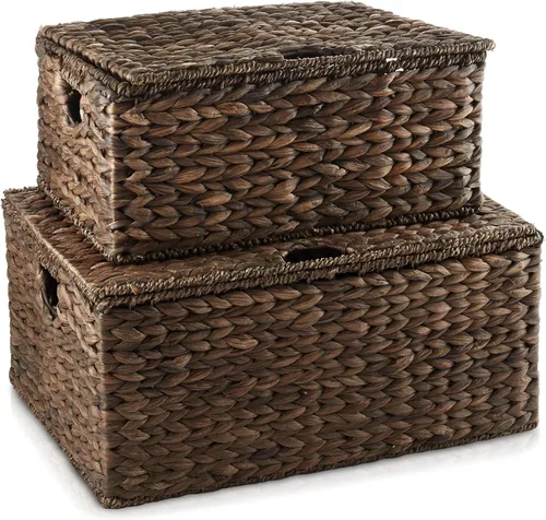 Miniatura 8 de Casafield Juego de 3 canastas de almacenamiento rectangulares de jacinto de agua con tapas (Espresso - Pequeña/Mediana/Grande) para dormitorio