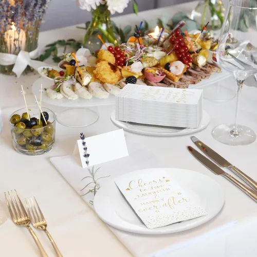 Miniatura 7 de Pasimy 100 servilletas de despedida de soltera, con texto en inglés "Cheers to Love Laughter and Happily Ever After", servilletas decorativas Dorado