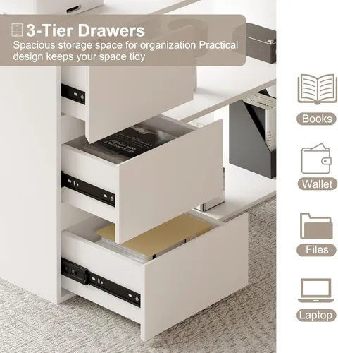 Miniatura 8 de Bobve - Escritorio en forma de L para computadora de 47 pulgadas, escritorio de oficina en casa con cajones para archivos y estantes de Blanco