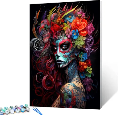 Miniatura 2 de Kit de Pintura por Números de Retrato de Mujer Calavera de Azúcar al Óleo de 16 x 20 Pulgadas, Lienzo para Halloween, Decoración para Mujeres, Chica