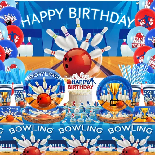 KEFAN Decoraciones de fiesta de cumpleaños de bolos, suministros de vajilla para fiesta temática de bolos, incluyendo telón de fondo, platos, vasos,