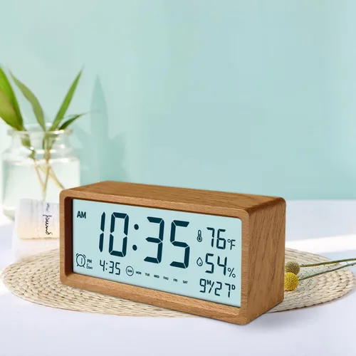 Miniatura 7 de Reloj despertador digital de madera con altavoz Bluetooth, fecha de temperatura, relojes digitales eléctricos inteligentes, relojes de noche con luz
