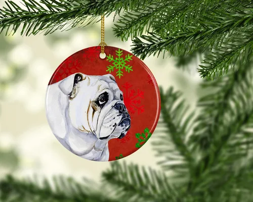 Miniatura 2 de Caroline's Treasures Bulldog English - Copos de nieve rojos y verdes, adorno de cerámica de Navidad, decoración colgante para el hogar, Navidad