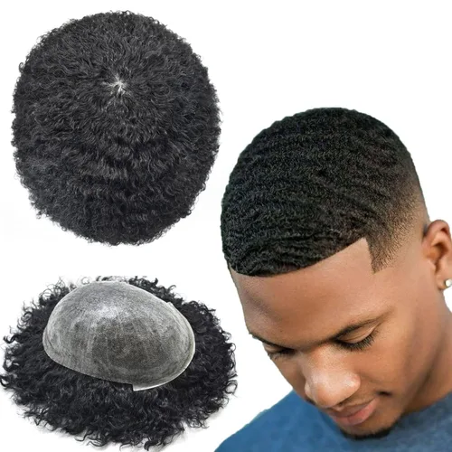 Miniatura 11 de LYRICAL HAIR Afro Toupee para hombres negros, sistemas de reemplazo de cabello humano afro ondulado de 0.236 pulgadas, inyección de poliuretano
