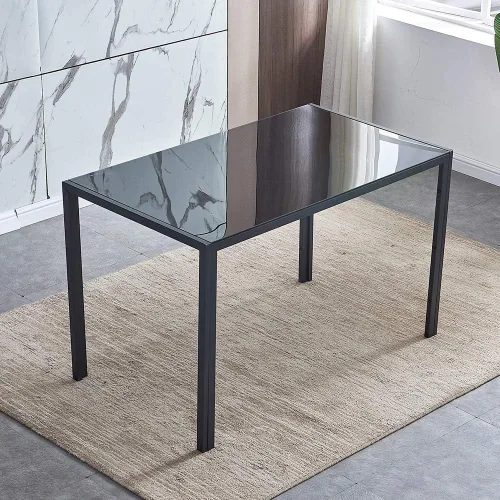Miniatura 3 de Juego de 5 sillas de mesa de comedor, mesa de comedor rectangular de cristal negro y 4 sillas de comedor de piel sintética negra, juego de comedor