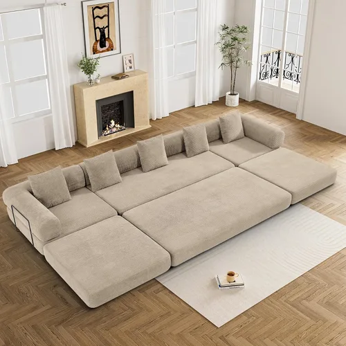 Miniatura 12 de DAMAIFROM Sofá cama convertible con almohada cilíndrica, sofá cama plegable de pana con marco de forma fija, sofá modular de suelo para sala de Beige